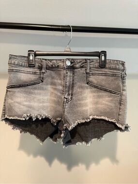 True Religion Mid-Rise Distressed Black/Grey Denim Shorts